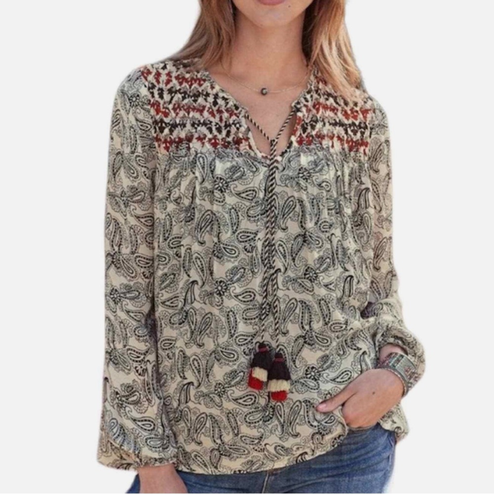 Sundance Smocked Paisley Boho Blouse Sheer Black Cream Tassel Ties Adeliah XS